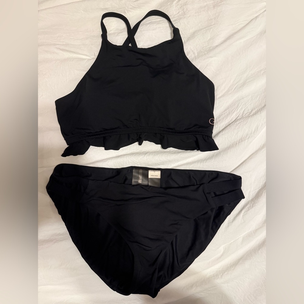 CALIA by Carrie Underwood Black High Neck Ruffle Bikini Set